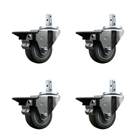 Service Caster 3'' Gray Poly Wheel Swivel 3/4'' Square Stem Caster Set with Brake, 4PK SCC-SQ20S314-PPUB-GRY-PLB-34-4